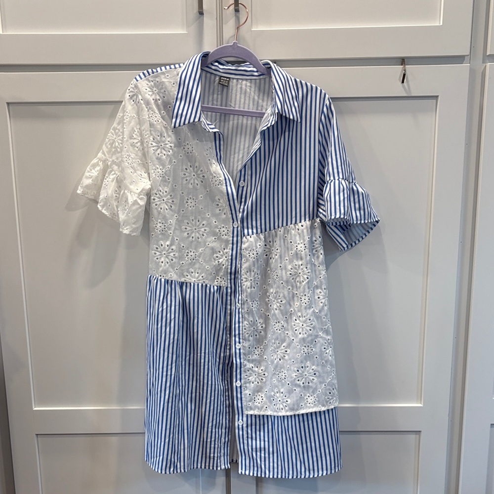SHEIN Blue and White Striped Shirt with Floral Lace